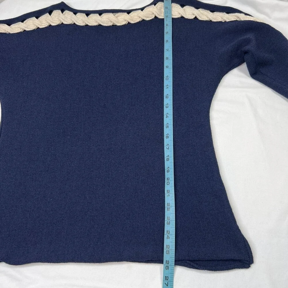 St John Sport Santana Knit Sweater Nautical Rope Detail Boat Neck Navy Blue LG